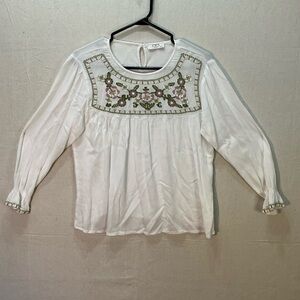 Peasant blouse with intricate floral embroidery in  earthy green and  mauve .L